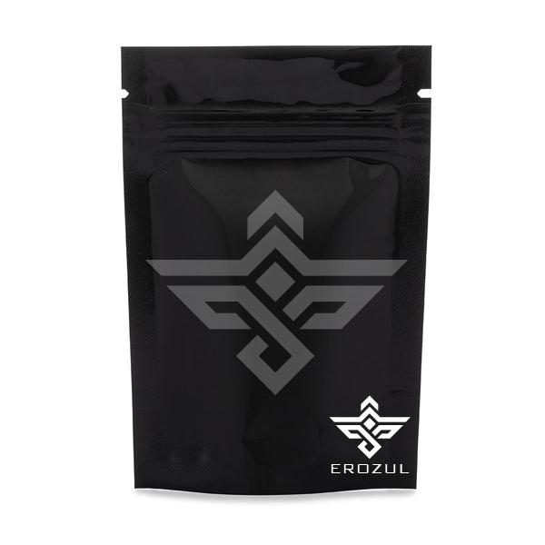 The Erozul Black Mylar Bags 1/4 oz – 25 Pack features moisture-resistant, resealable pouches with a geometric white Erozul logo and branding in the bottom right corner for added convenience.